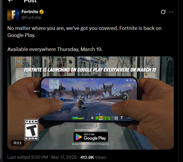 Fortnite returning to Google Play after years-long dispute with Epic Games